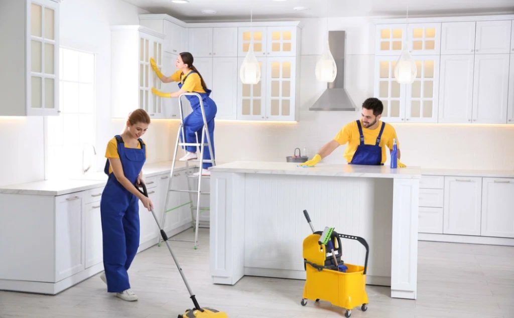 Team of professional cleaners providing Residential Cleaning Services in a modern kitchen, mopping floors, wiping surfaces, and dusting cabinets.