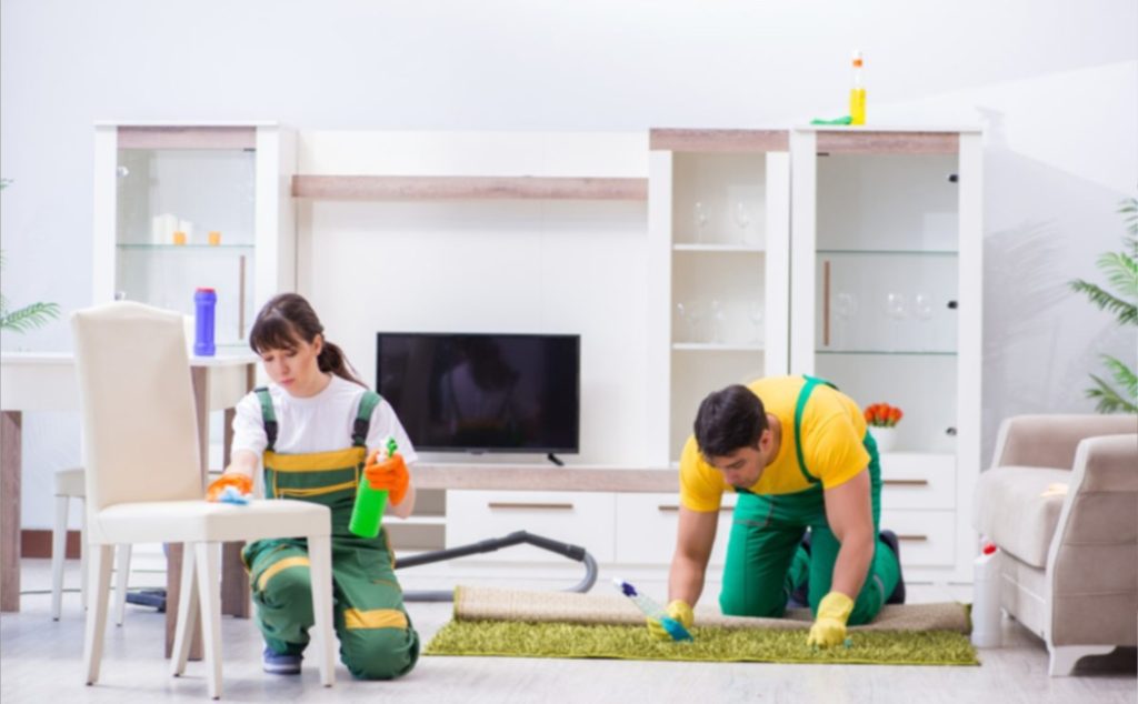 Professional cleaners providing Residential Cleaning Services by scrubbing carpets and sanitizing furniture in a modern living room.
