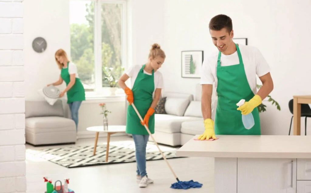 A team of professionals providing residential cleaning services, wiping countertops, mopping floors, and tidying up a modern home.