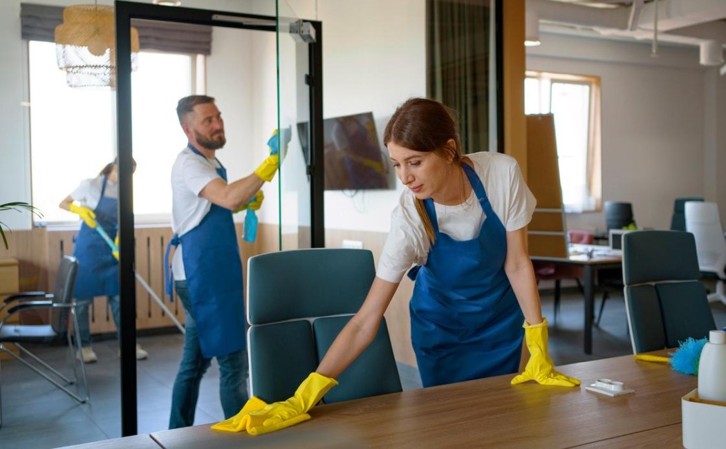 A professional cleaning team is performing commercial cleaning services in a modern office space, ensuring a clean and organized work environment.